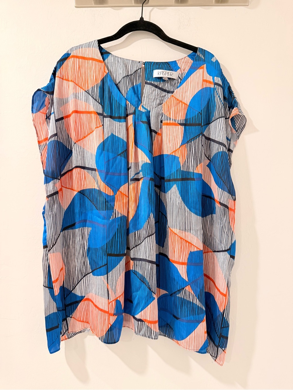 Kasper Women’s 3X Blue Orange Abstract Print V-Neck Tunic Blouse Plus Size